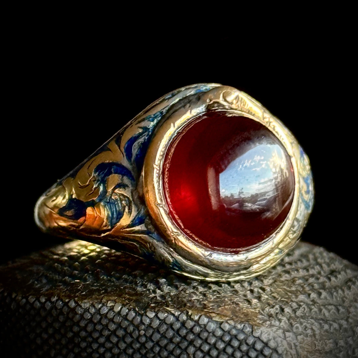 Antique Garnet Ouroboros Signet Ring in 9 Carat Gold; Circa 1870