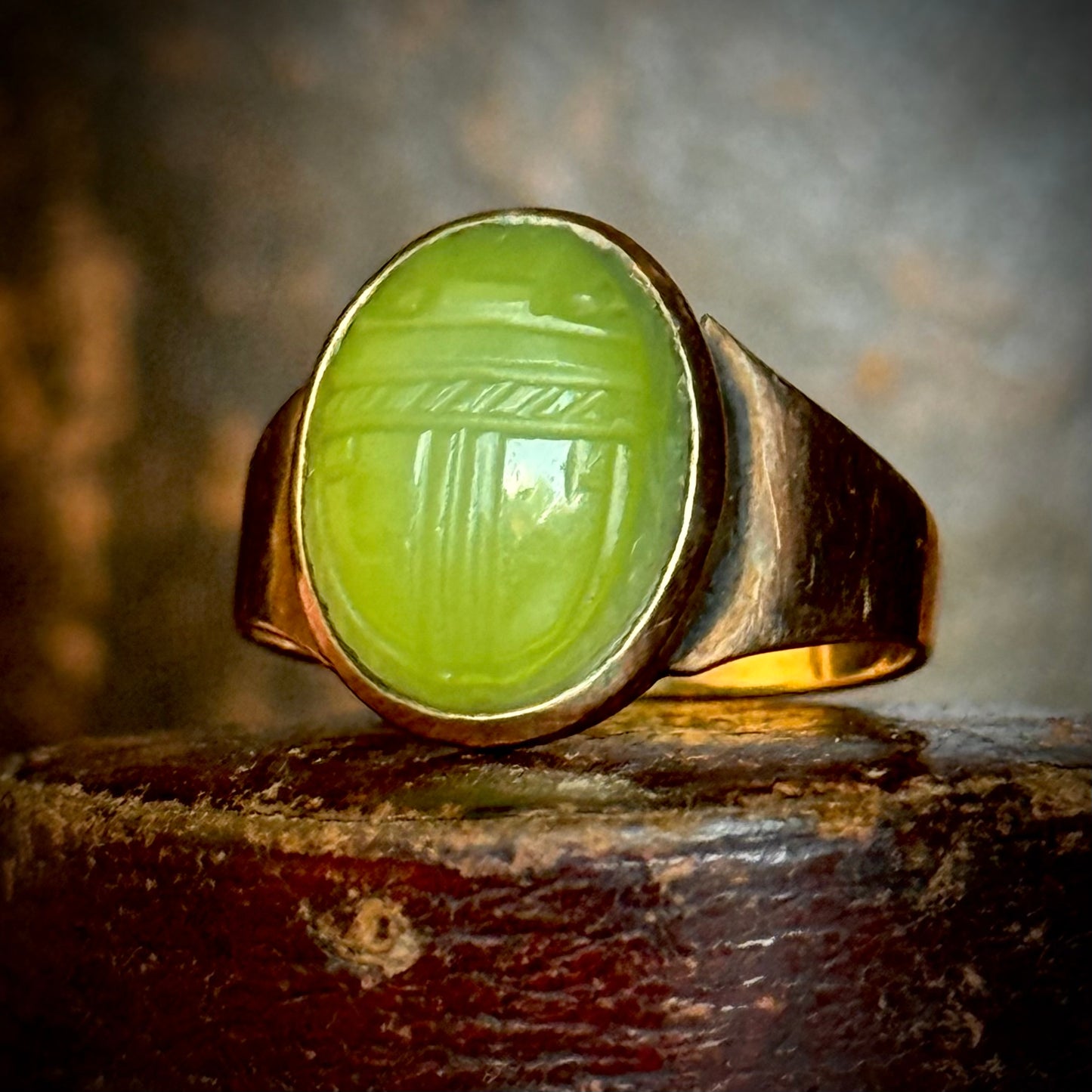 Antique Green Agate Scarab Ring in 9 Carat Gold