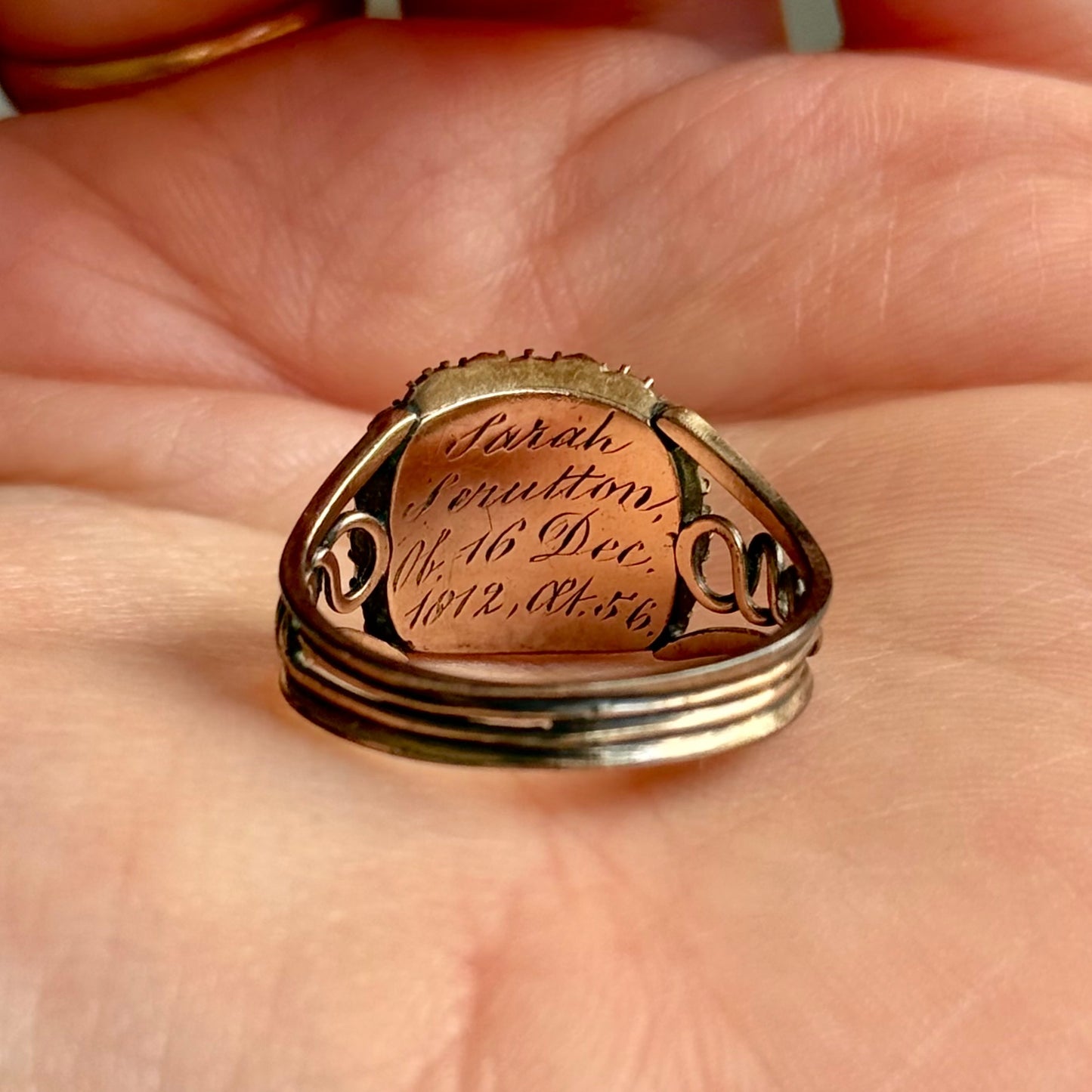 Georgian Pearl Mourning Ring in 9 Carat Gold; Circa 1812