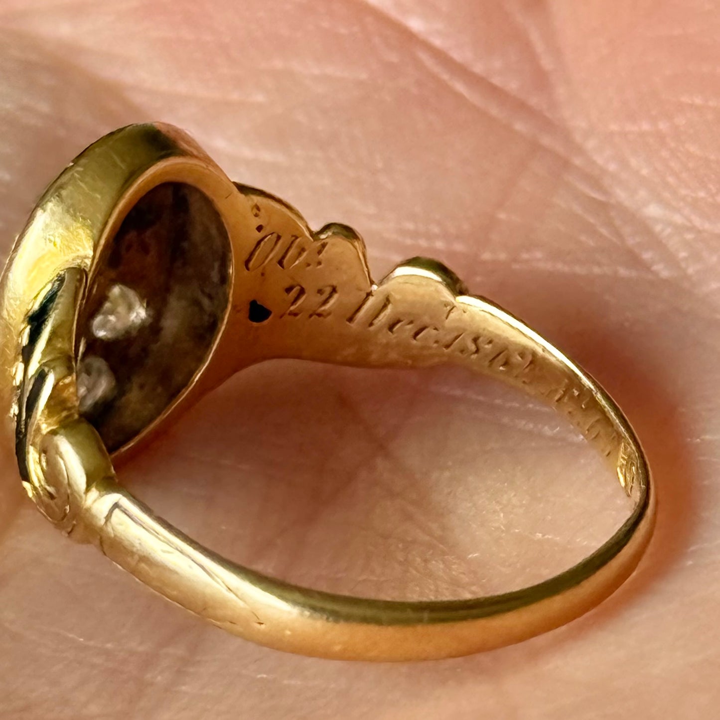 Antique Victorian Diamond Mourning Ring in 18 Carat Gold; Circa 1863