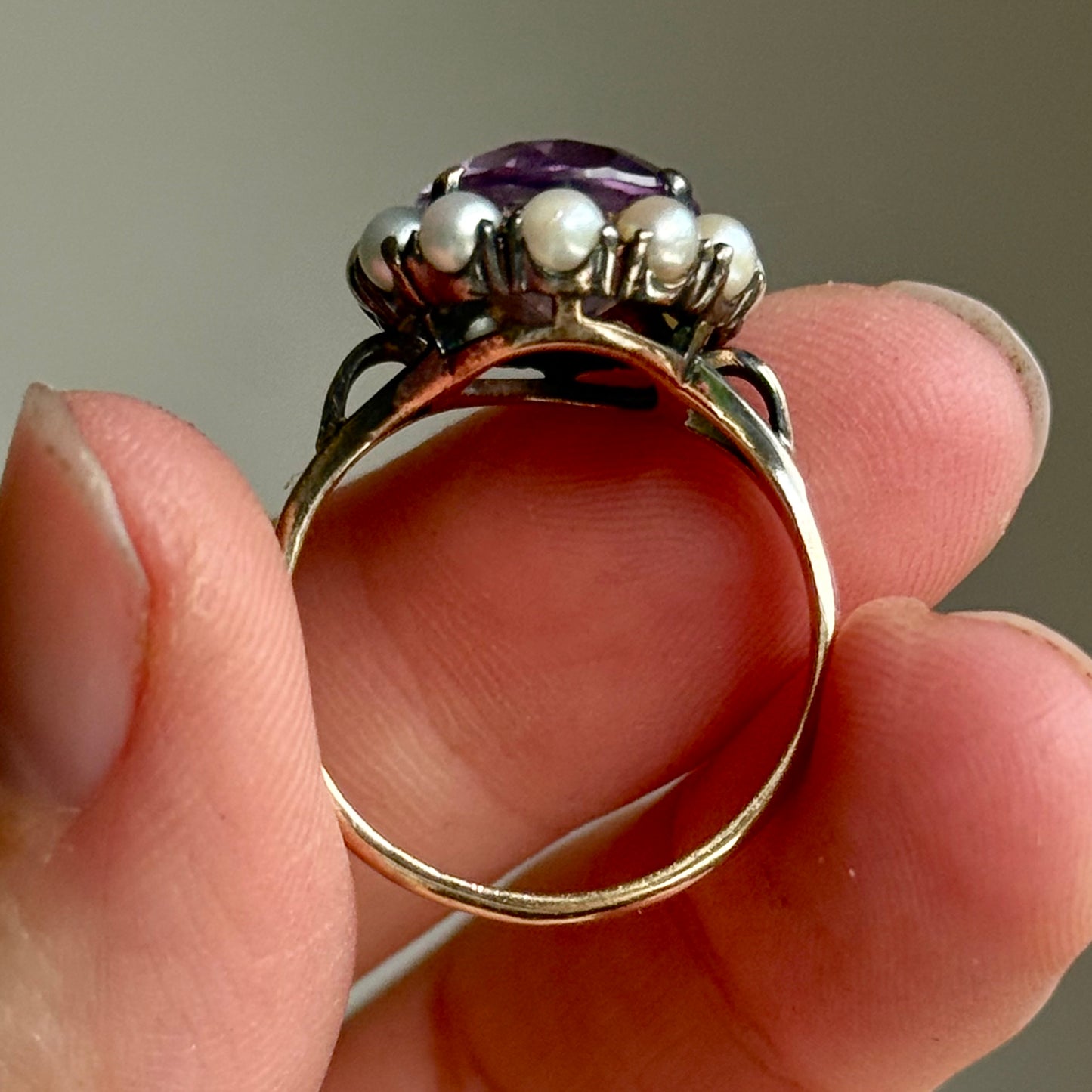 Vintage Amethyst & Pearl Cluster Ring in 9 Carat Gold