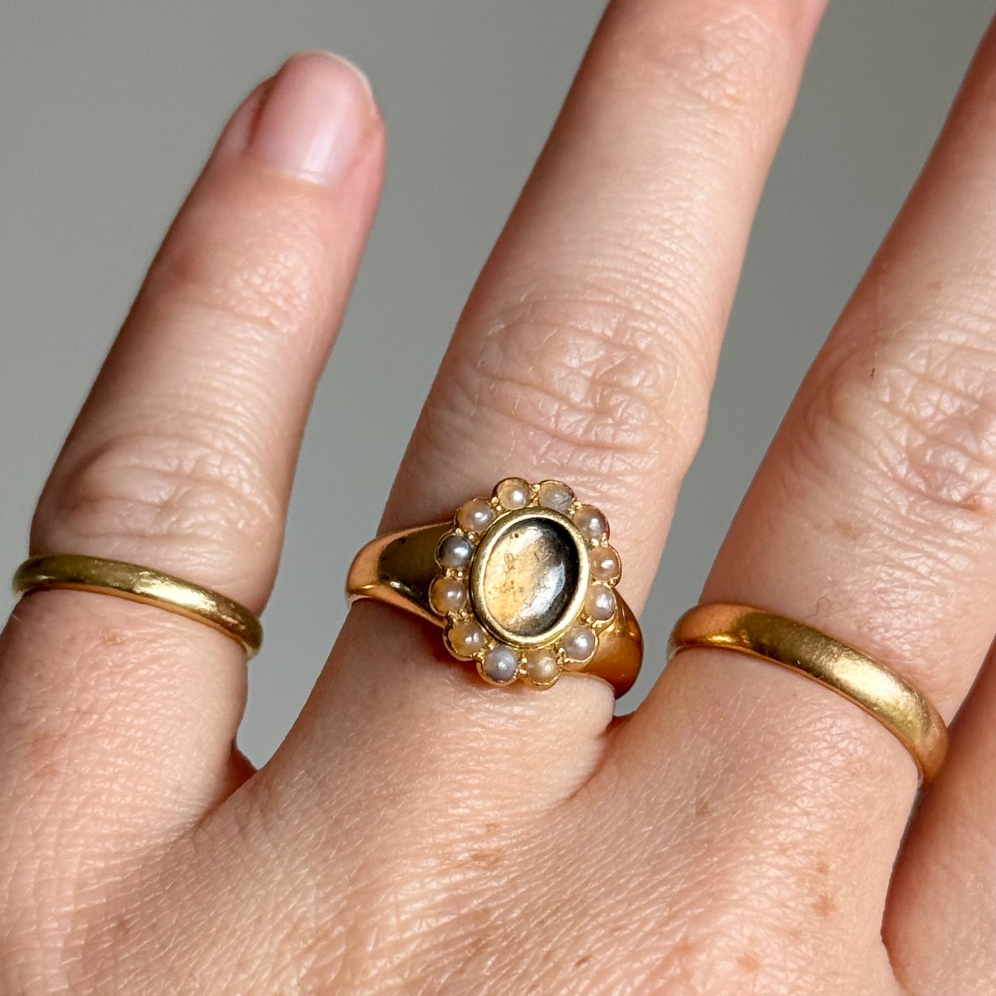 Antique Pearl Locket Ring in 18 Carat Gold; Circa 1917