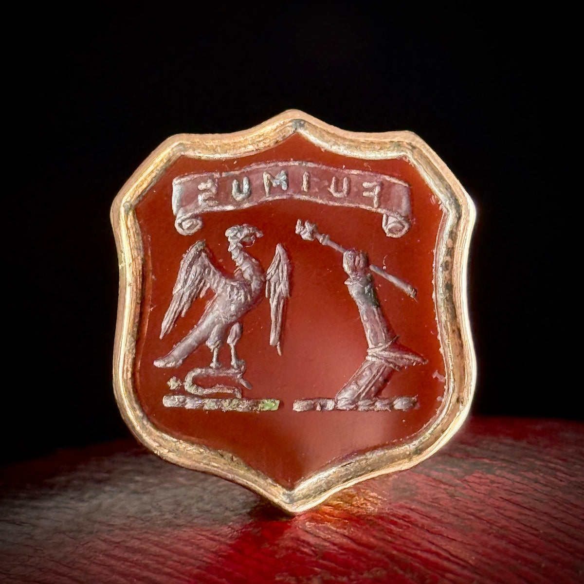 Antique 'Fuimus' Carnelian Fob Pendant in 9 Carat Gold; Circa 1907