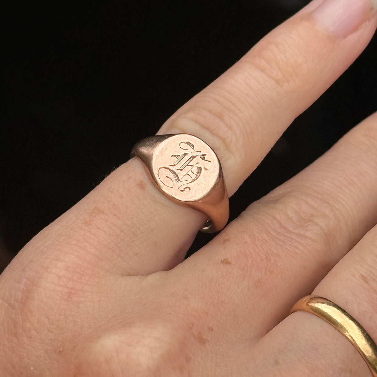 Antique 'H' Signet Ring in 9 Carat Rose Gold; circa 1915