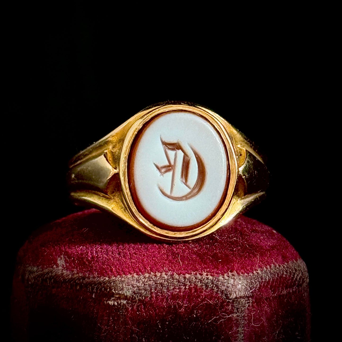 Antique Victorian Sardonyx Monogram 'G'Signet Ring in 15 Carat Gold; Circa 1883