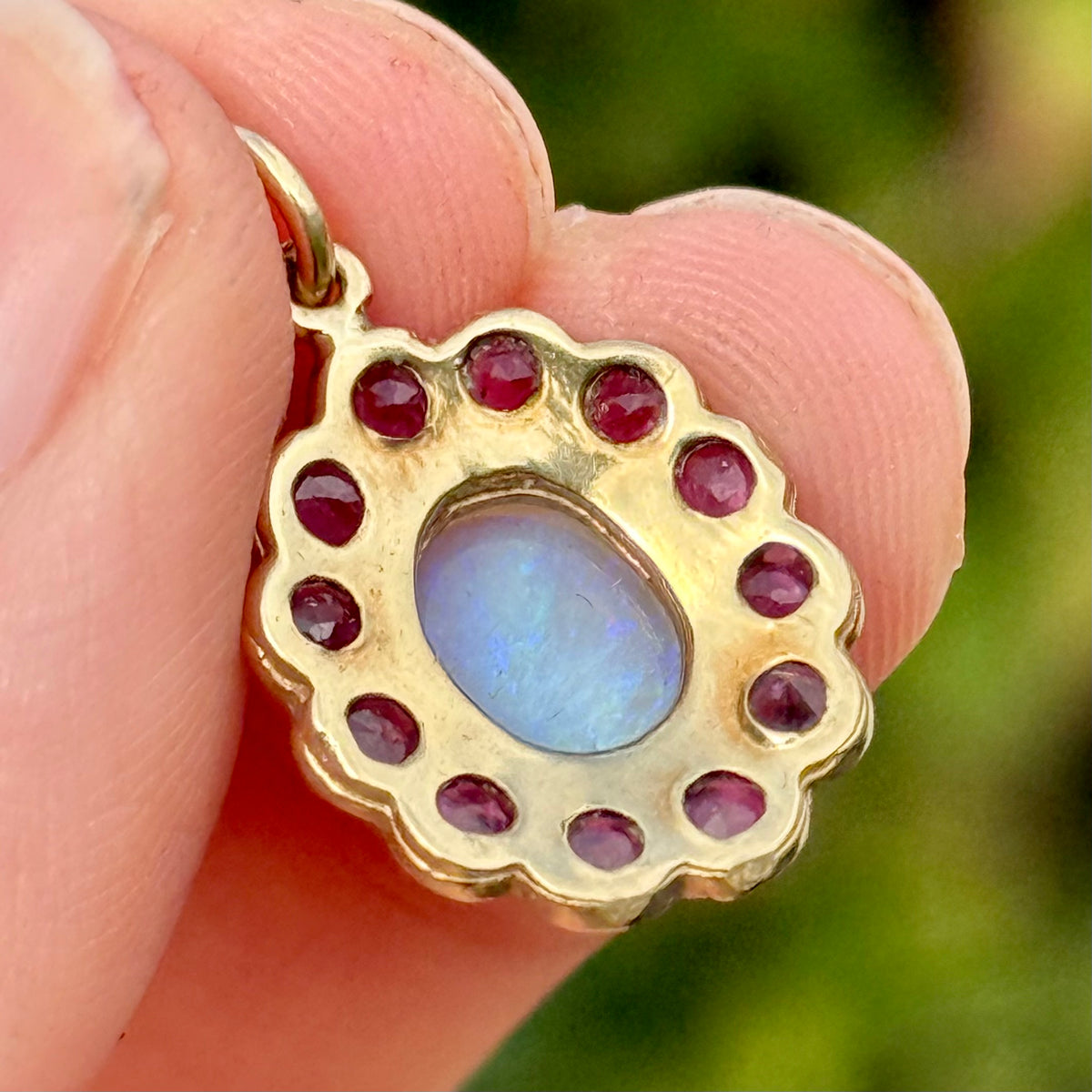 Antique Opal & Ruby Pendant in 9 Carat Gold; Circa 1900