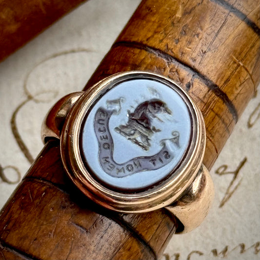 Antique Victorian Sardonyx Signet Ring in 9 Carat Rose Gold; Circa 1897