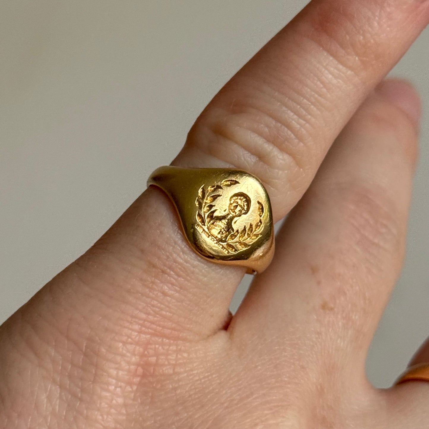 Antique Victorian Intaglio Heraldic Signet Ring in 18 Carat Gold; Circa 1890
