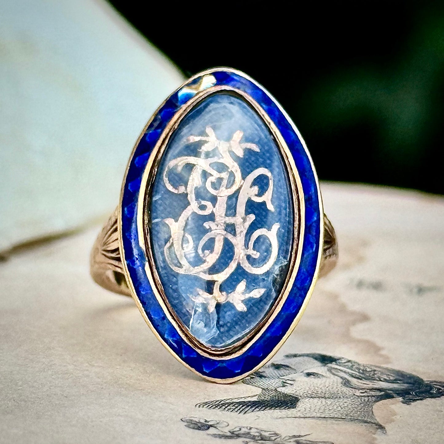 Antique Georgian Mourning Ring in 9 Carat Gold; Circa 1786