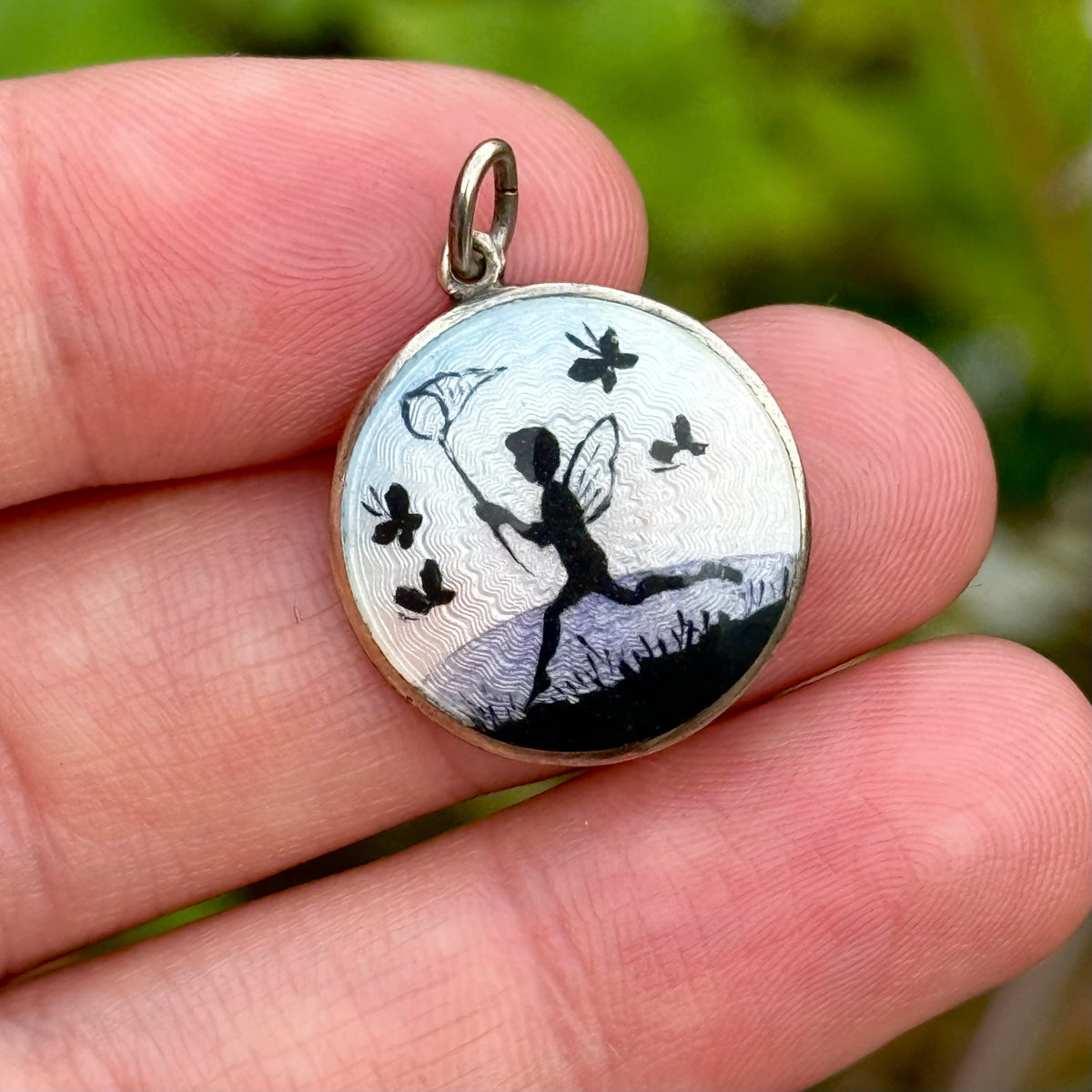 Antique Norwegian Enamel Fairy Pendant in Silver; Circa 1900