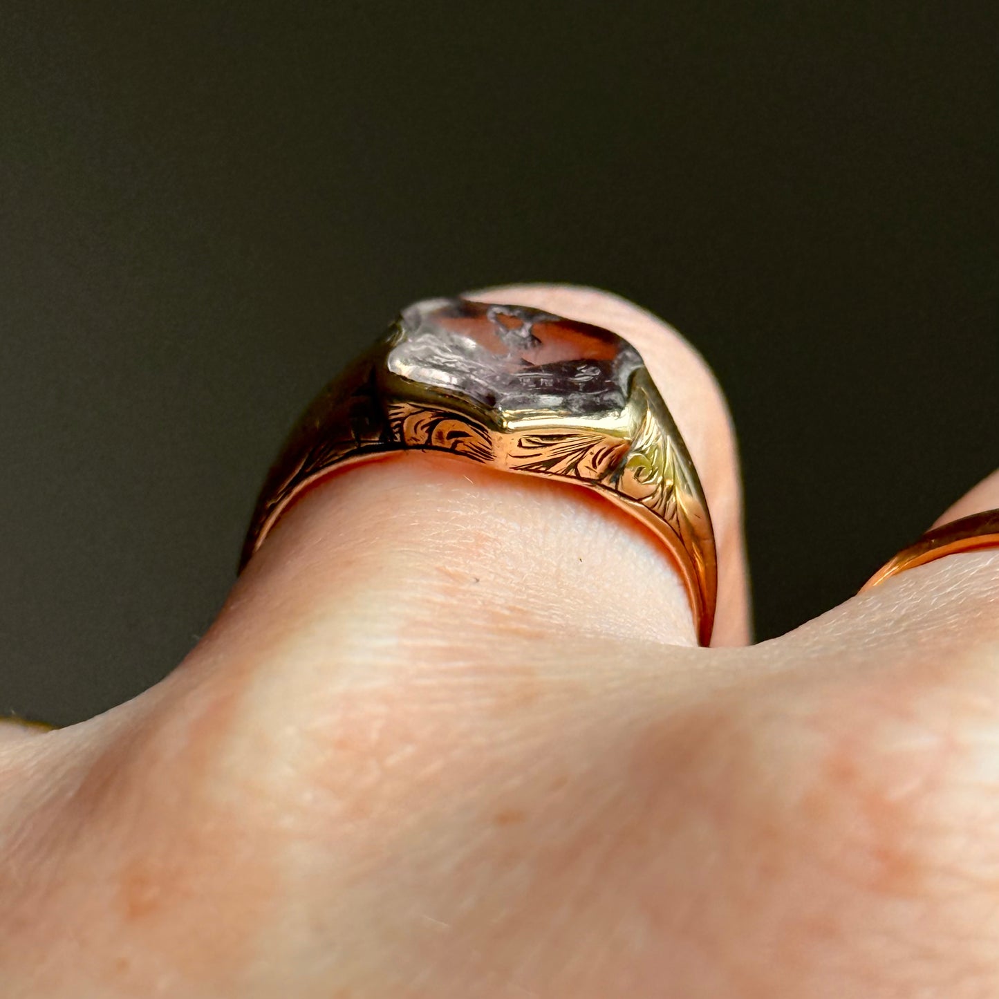 Antique Amethyst Intaglio Signet Ring in 9 Carat Gold