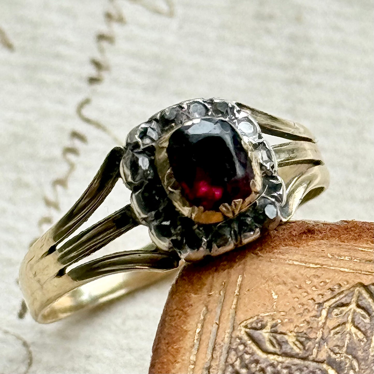 Antique Georgian Garnet & Diamond Ring in 15 Carat Gold; Circa 1830