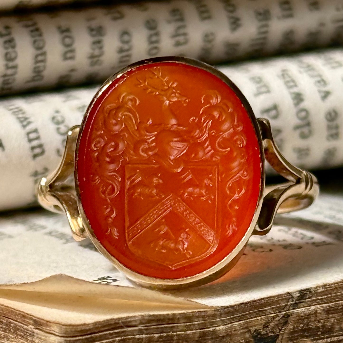 Vintage Ornate Carnelian Intaglio Ring in 9 Carat Gold; Circa 1989