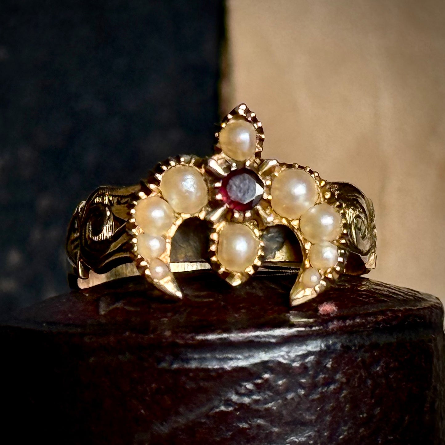 Antique Swallow Garnet & Pearl Signet Ring in 9 Carat Gold
