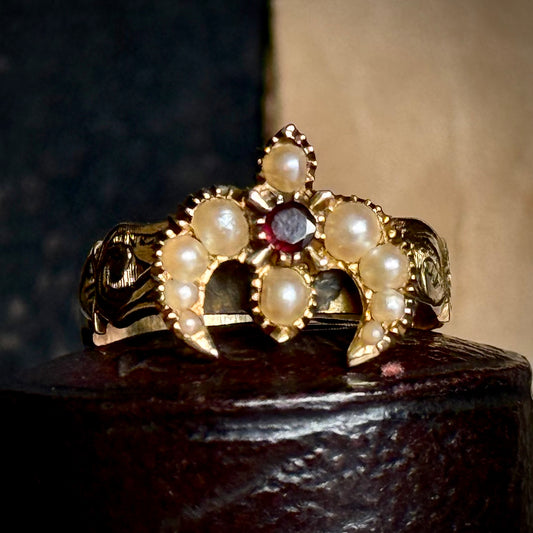 Antique Swallow Garnet & Pearl Signet Ring in 9 Carat Gold