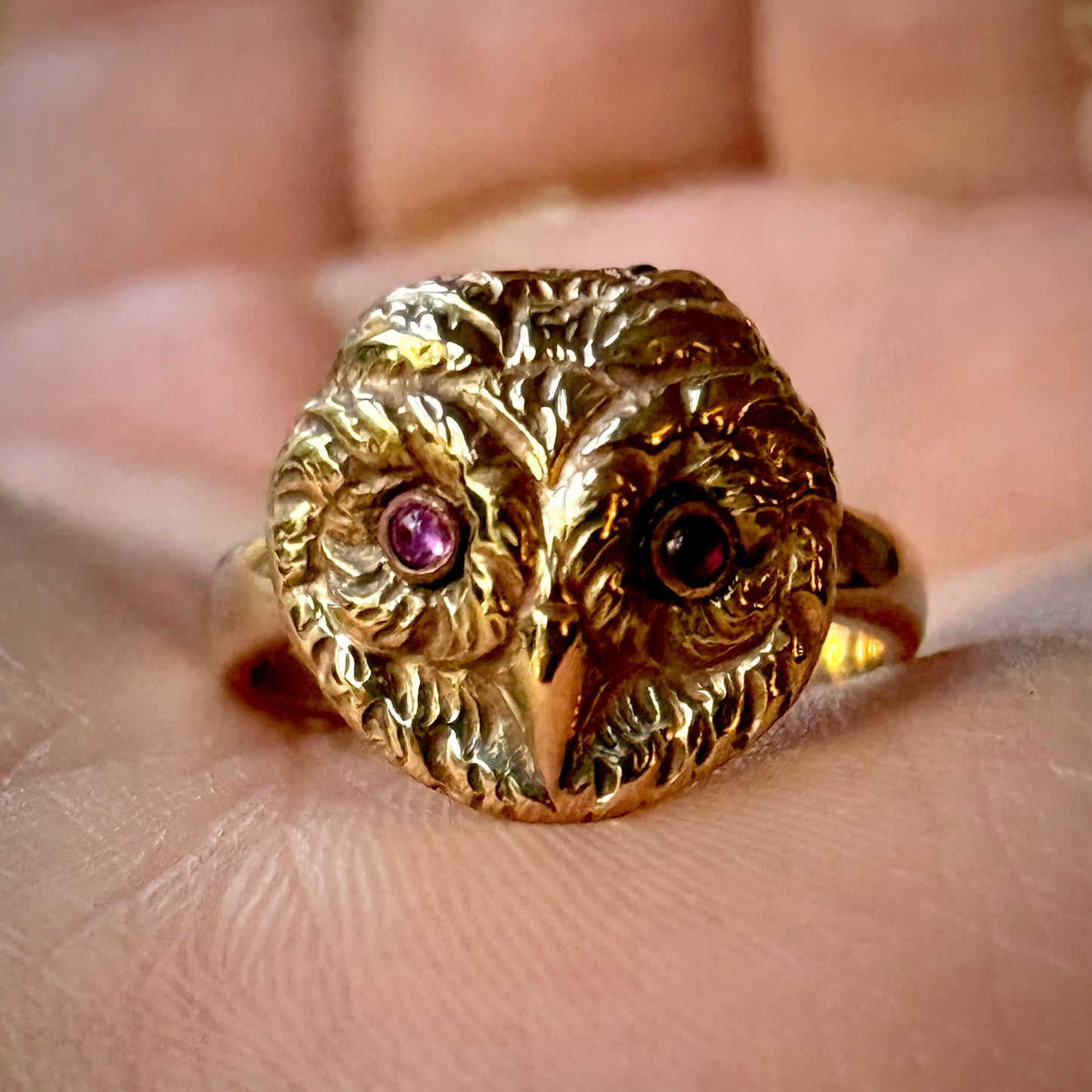 Antique Ruby Eyed Owl Ring in 9 Carat Gold