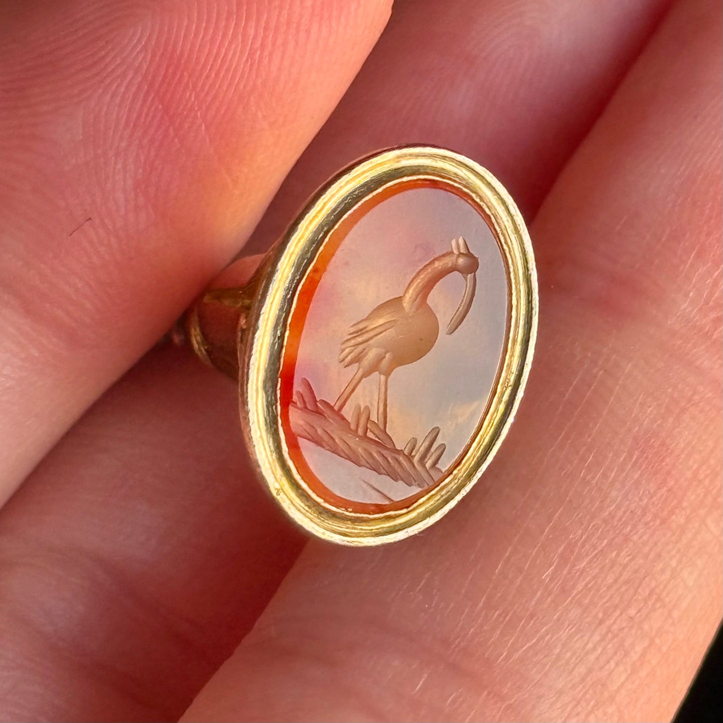 Antique Bird Carnelian Intaglio Fob Pendant; Circa 1830