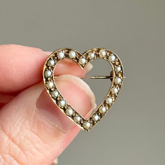 Antique Victorian Pearl Heart Brooch 9 Carat Gold; Circa 1880