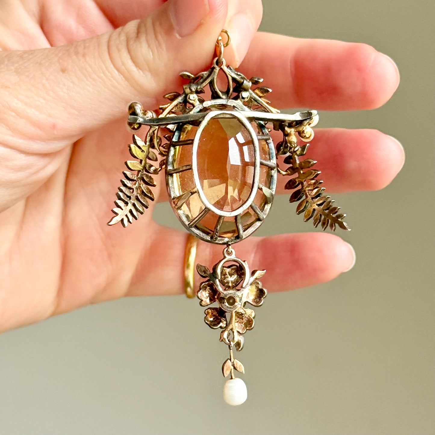 Antique Citrine & Pearl Pendant in Silver & Gold