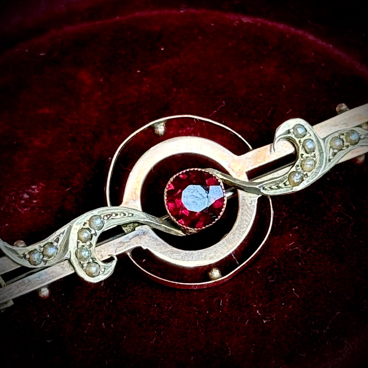 Antique Garnet & Pearl Brooch; Circa 1900