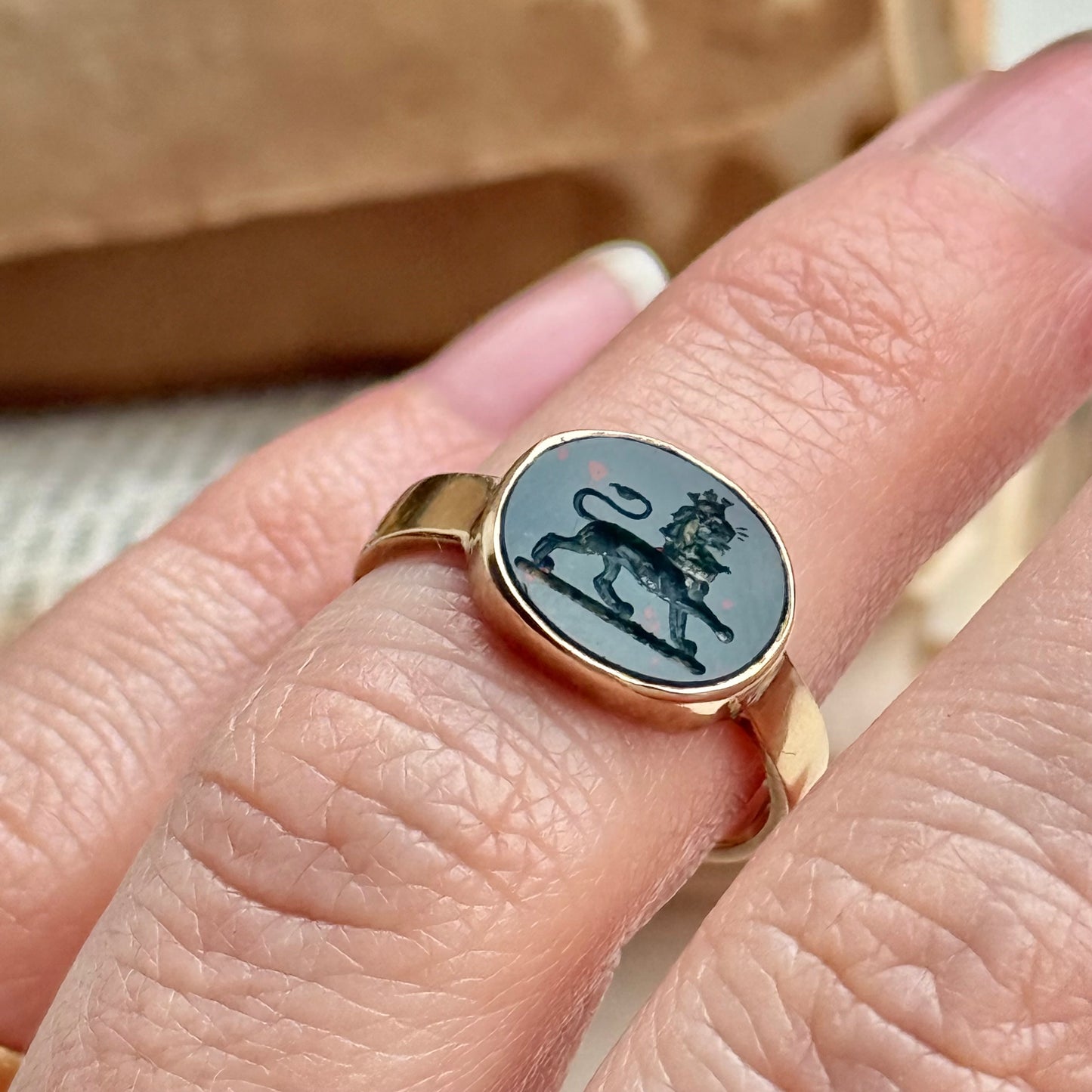 Antique Crowned Lion Bloodstone Ring in 9 Carat Gold