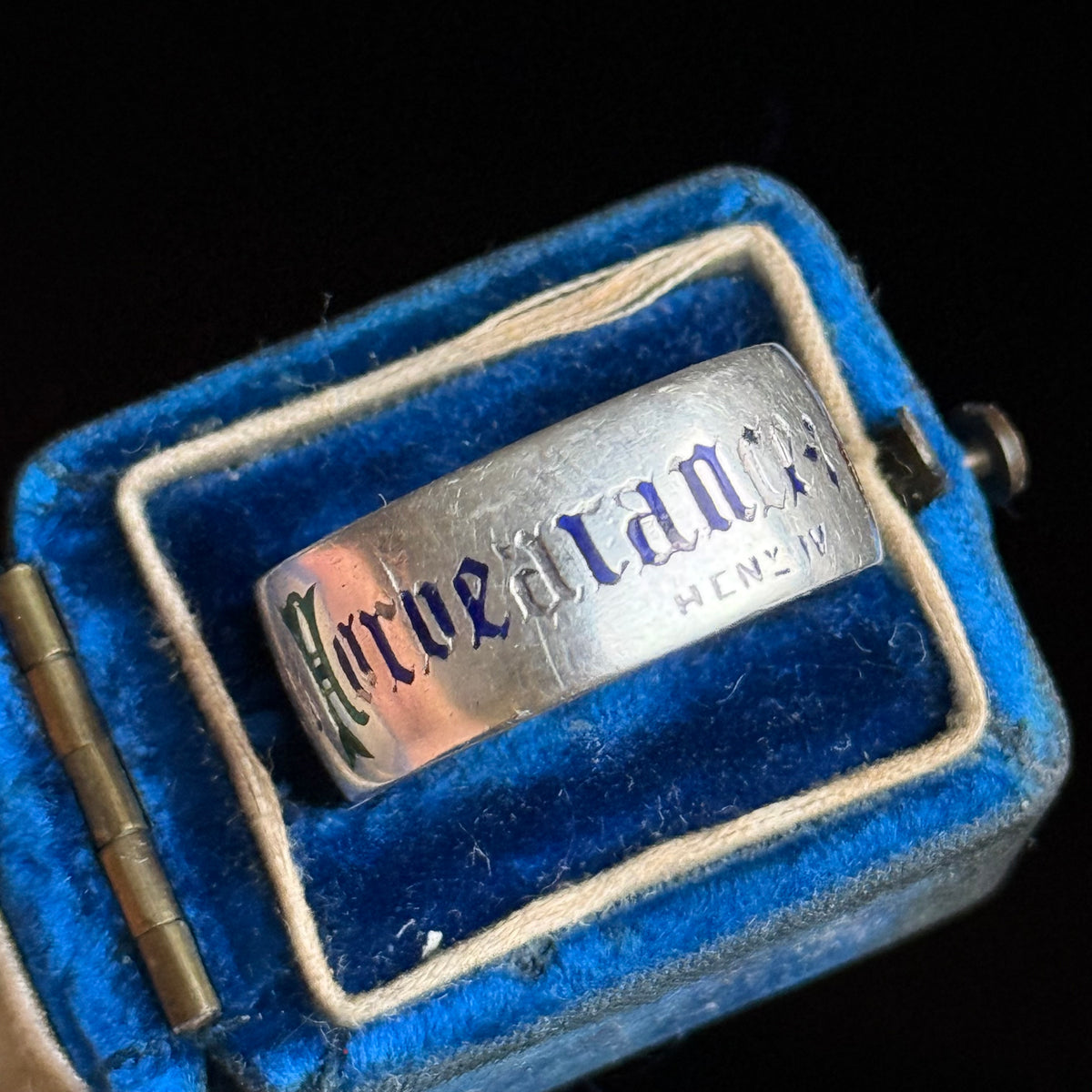 Victorian Enamel Quote Ring in Sterling Silver; Circa 1876
