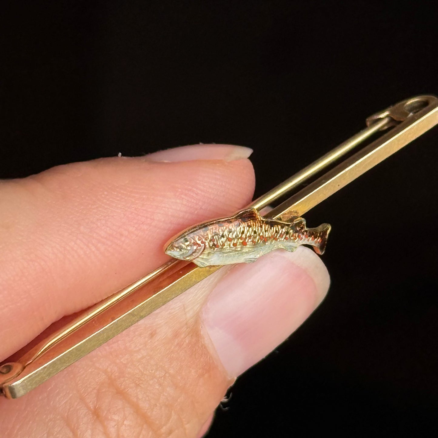 Antique Enamel Trout Gold Bar Brooch; Circa 1900
