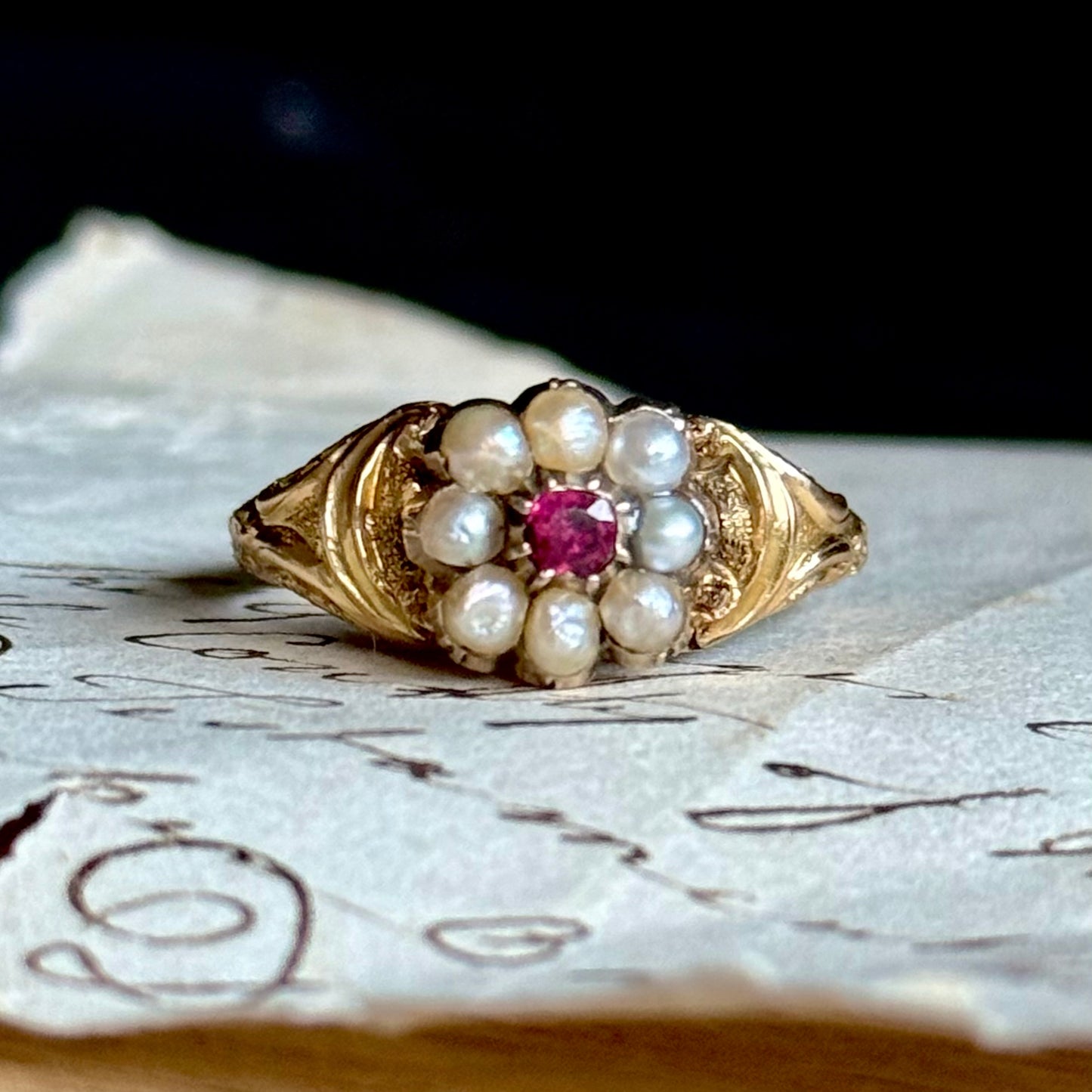 Victorian Rhodolite Garnet & Pearl Sentimental Ring in 18 Carat Gold; Circa 1880