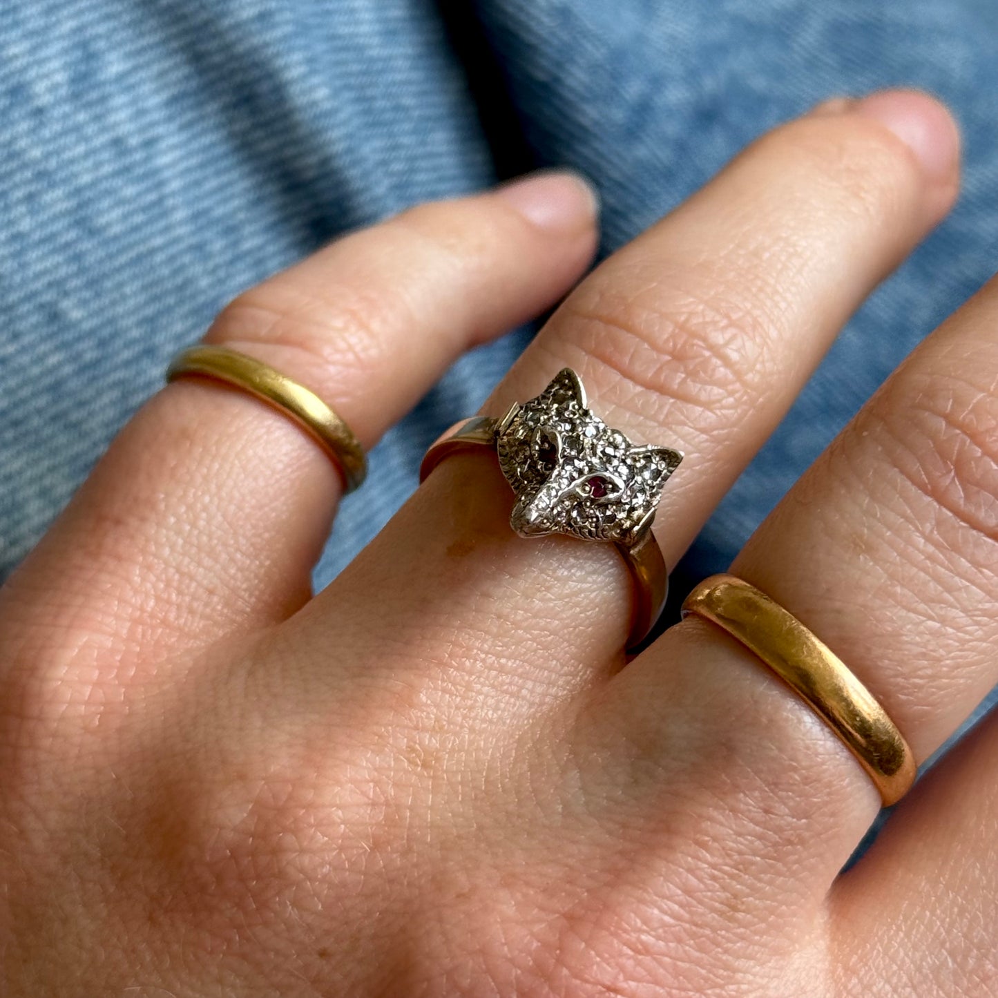 Victorian Style Rose Cut Diamond & Ruby Fox Ring in 9 Carat Gold