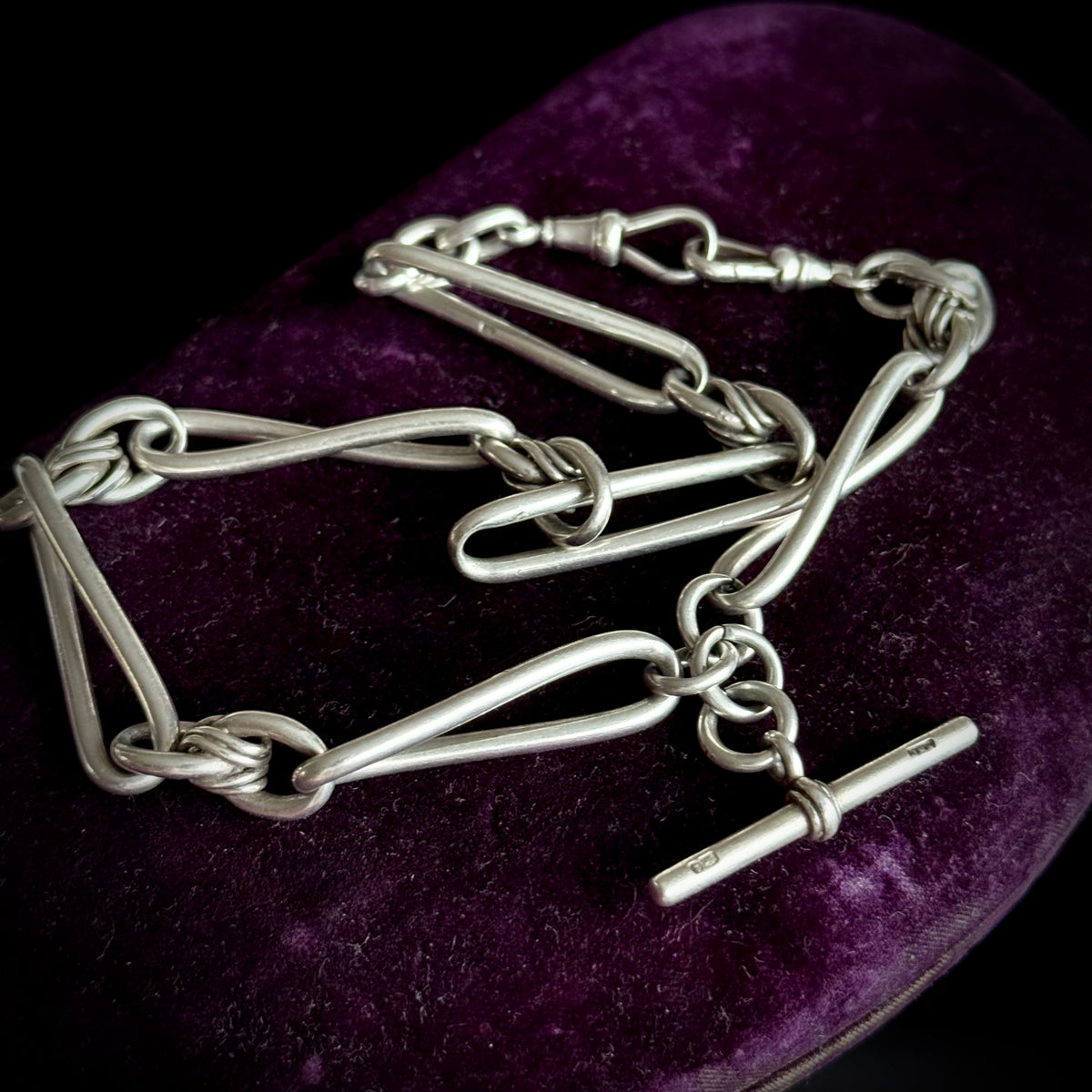 Victorian Heavy Trombone & Lover's Knot Chain in Silver; circa 1893