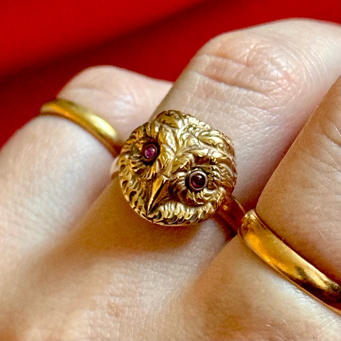 Antique Ruby Eyed Owl Ring in 9 Carat Gold