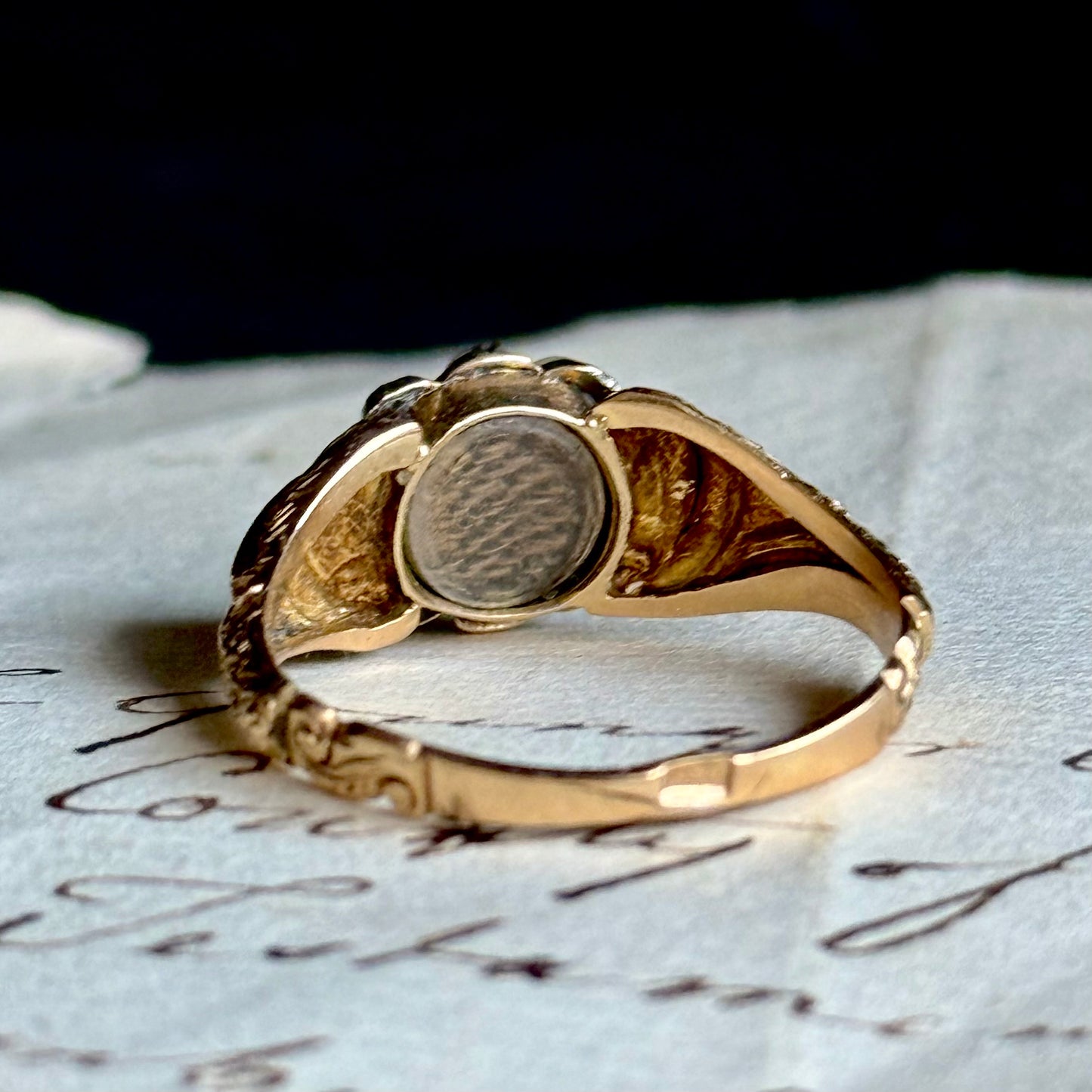 Victorian Rhodolite Garnet & Pearl Sentimental Ring in 18 Carat Gold; Circa 1880