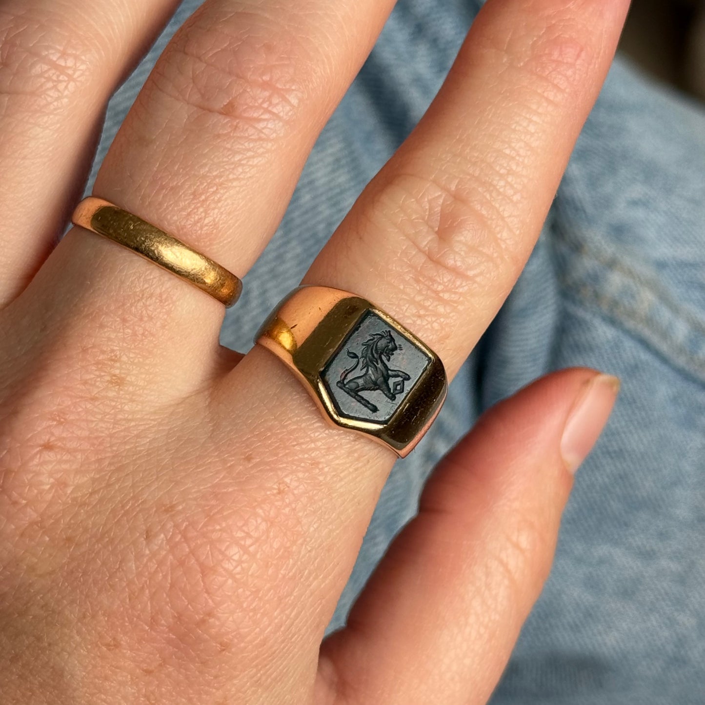 Antique Bloodstone Lion Signet Ring in 18 Carat Gold; Circa 1880