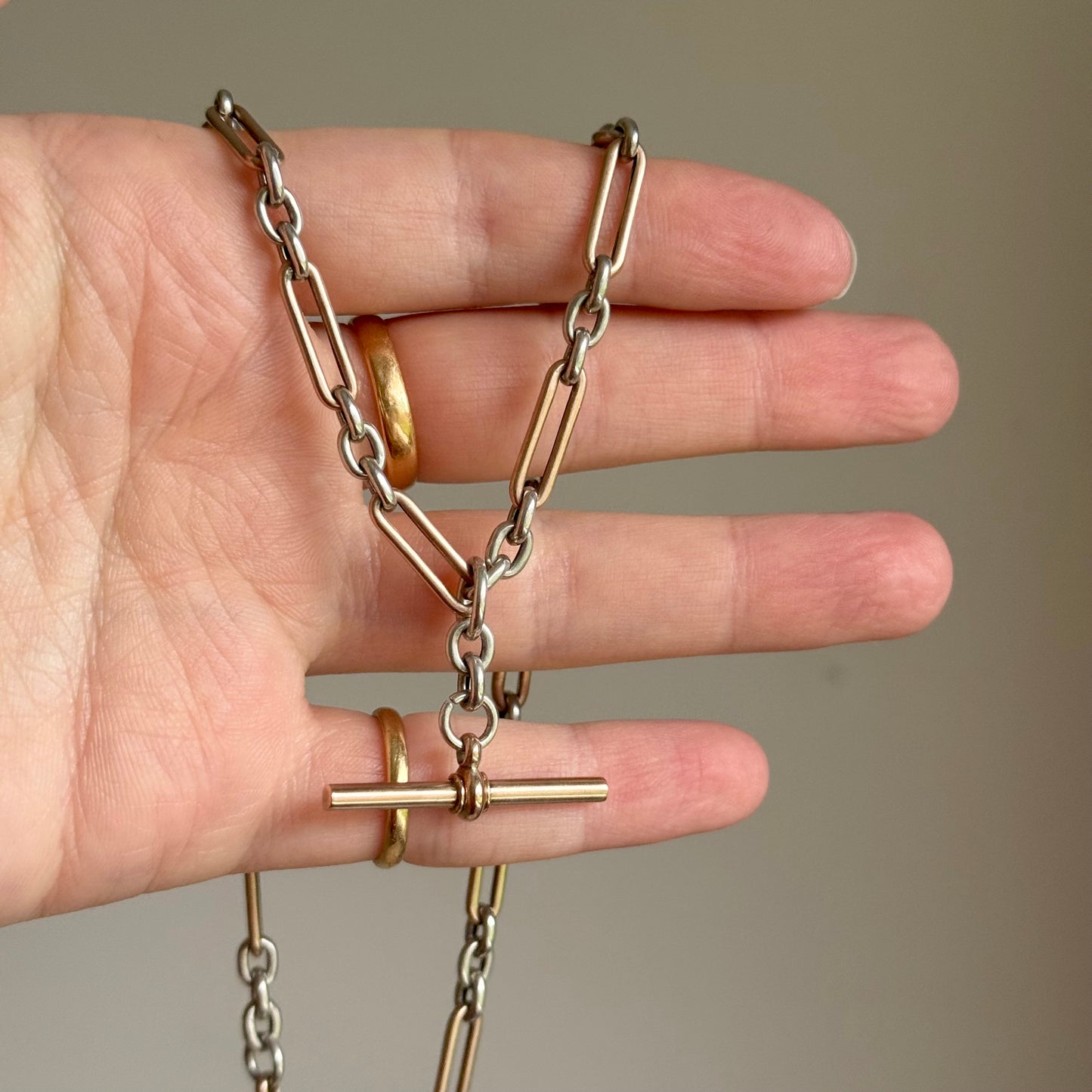 Antique Trombone Rose Gold & Silver Albert Chain; Circa 1880