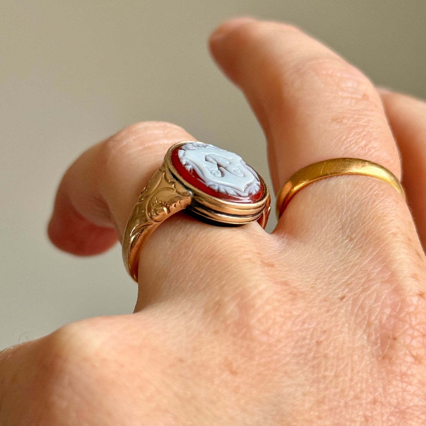 Antique Sardonyx 'R' Ring in 9 Carat Gold; Circa 1880