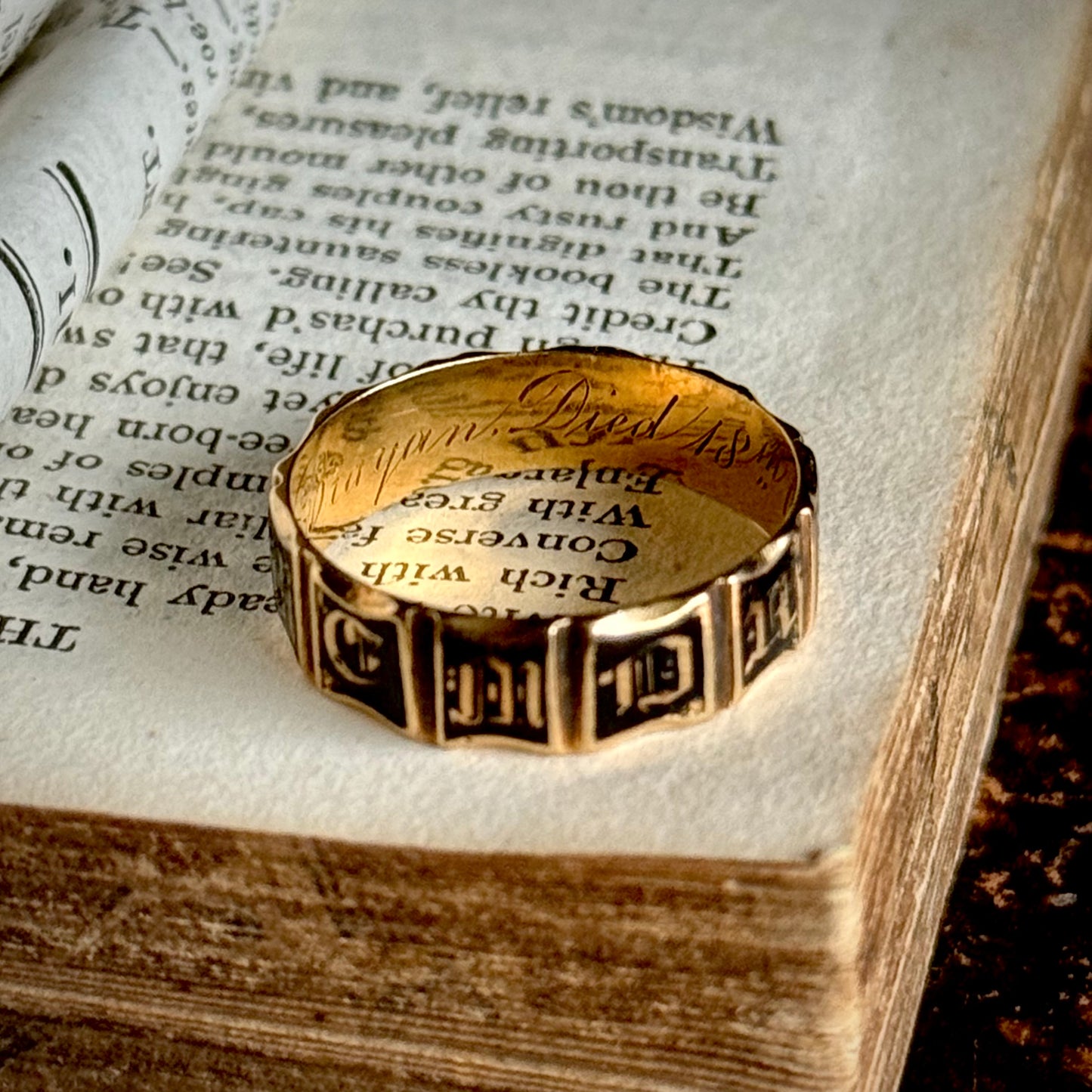 Antique Enamel Mourning Ring in 18 Carat Gold; Circa 1842
