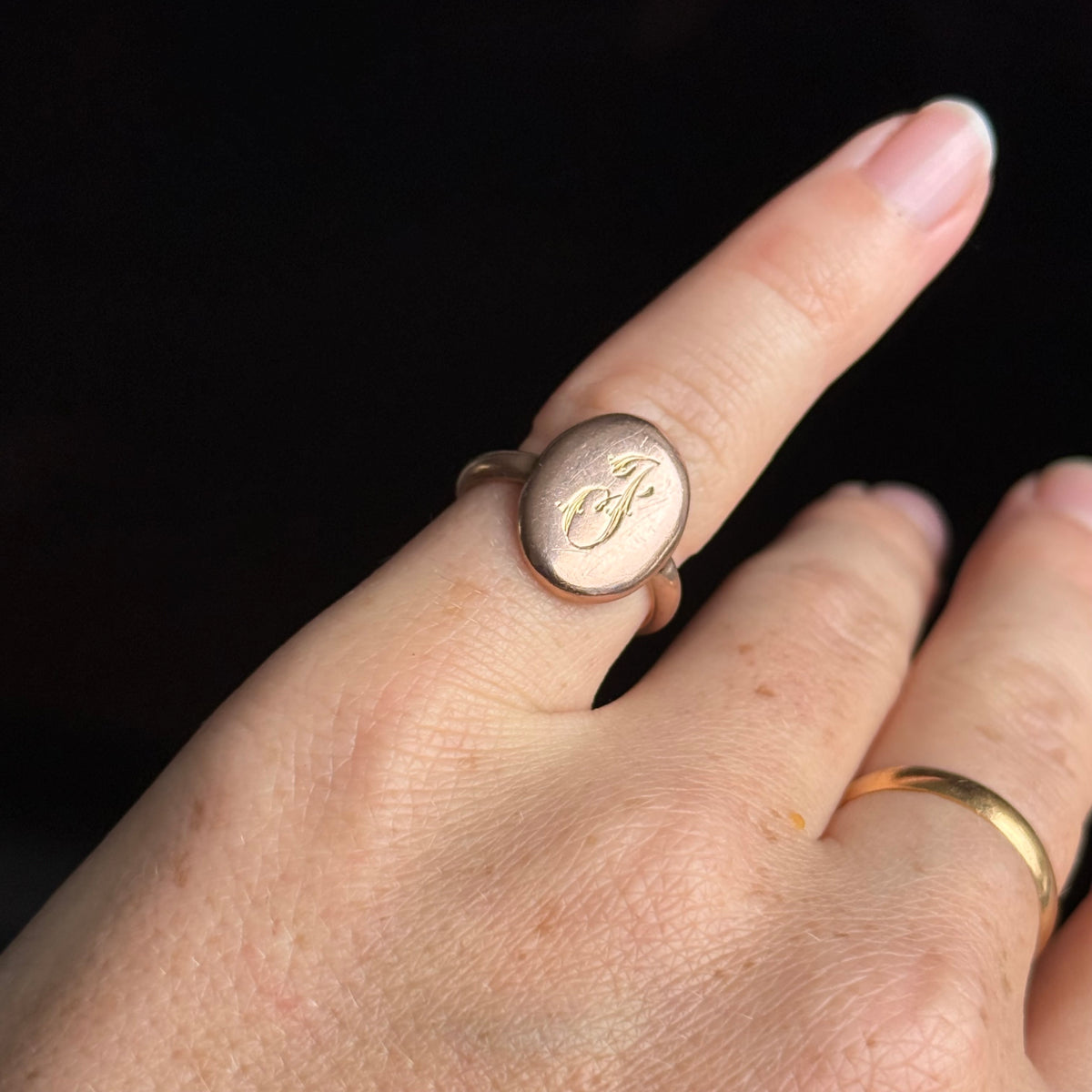Antique 'J' Monogram Ring in 9 Carat Rose Gold; Circa 1900