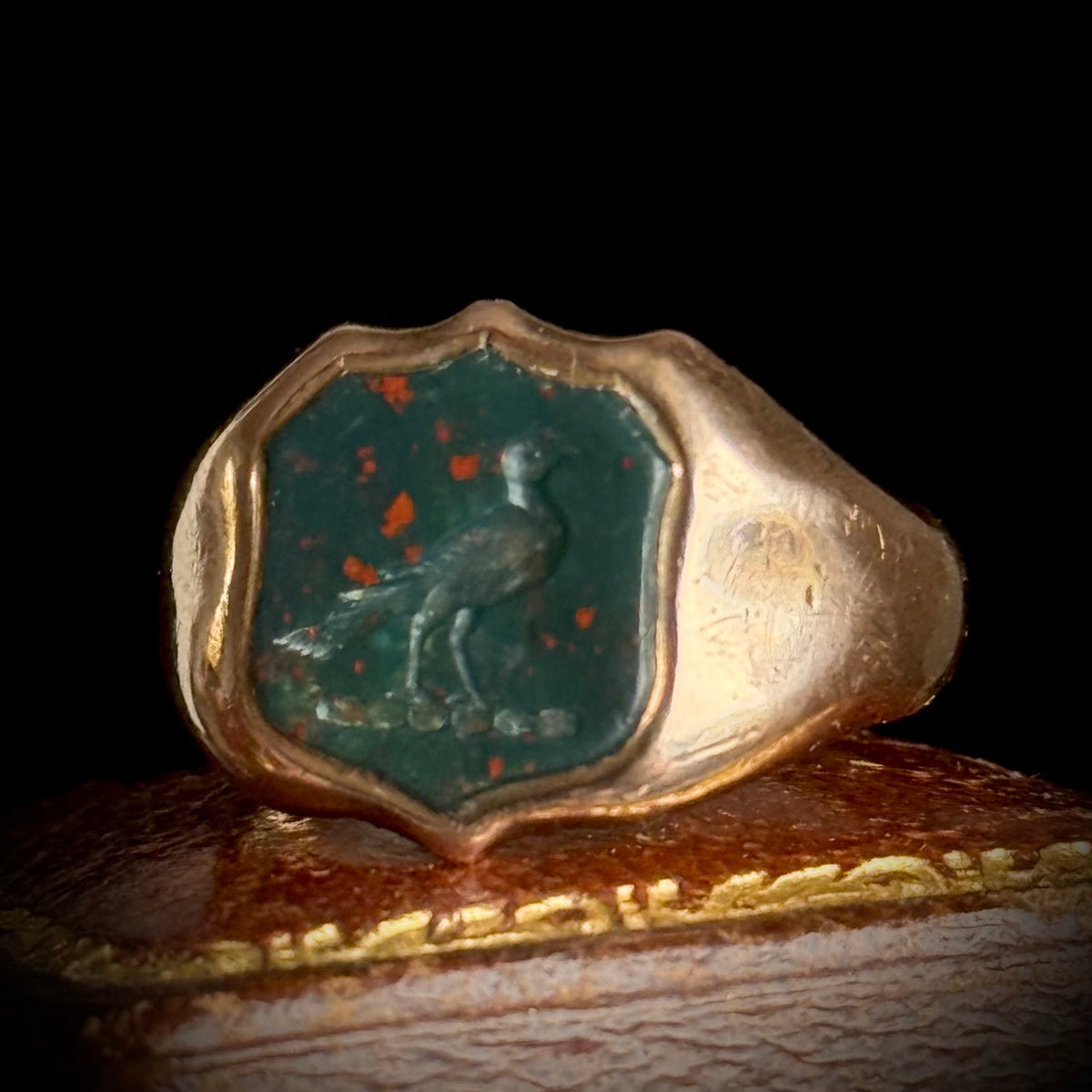 Antique Bird Bloodstone Intaglio Ring 9 Carat Rose Gold; Circa 1890