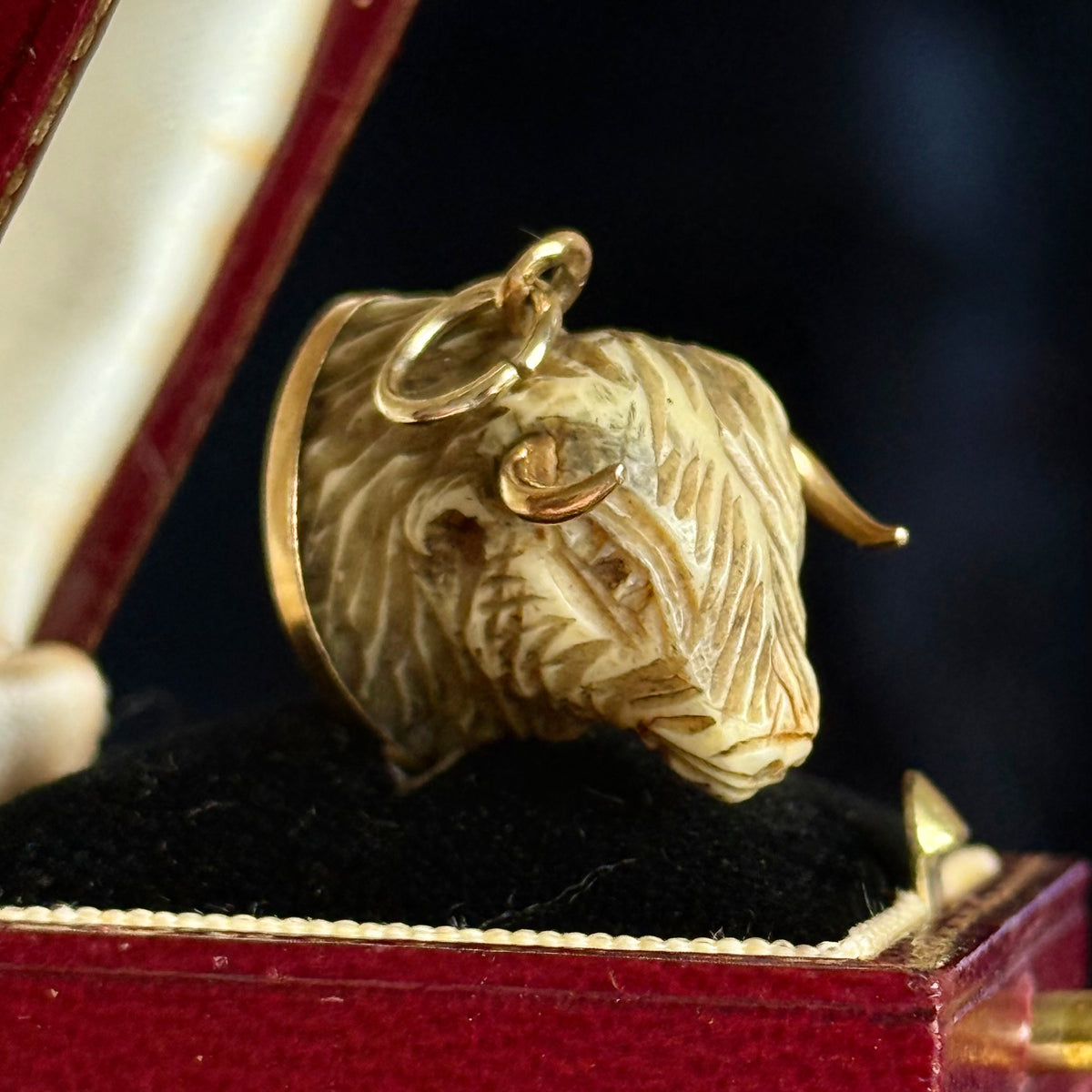 Antique Bull Pendant in Bone & 9 Carat Gold; Circa 1880
