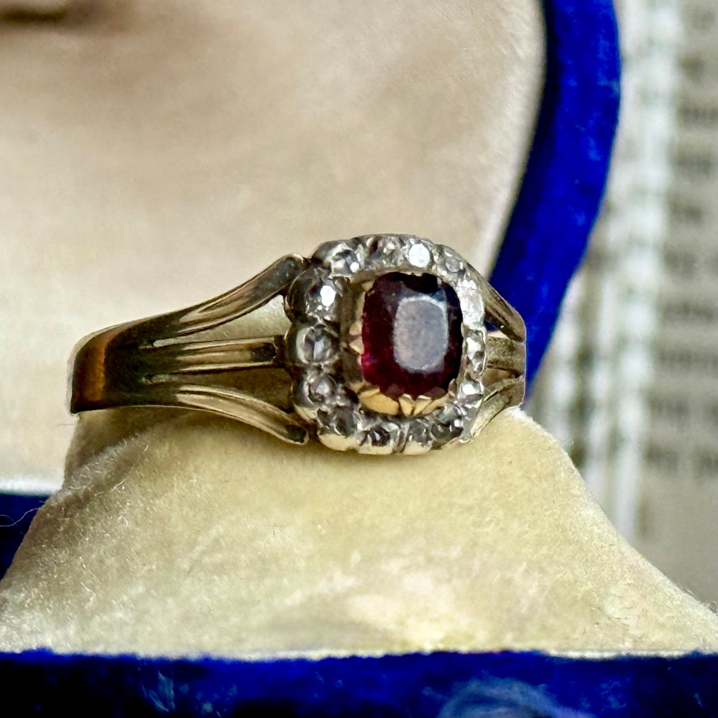 Antique Georgian Garnet & Diamond Ring in 15 Carat Gold; Circa 1830