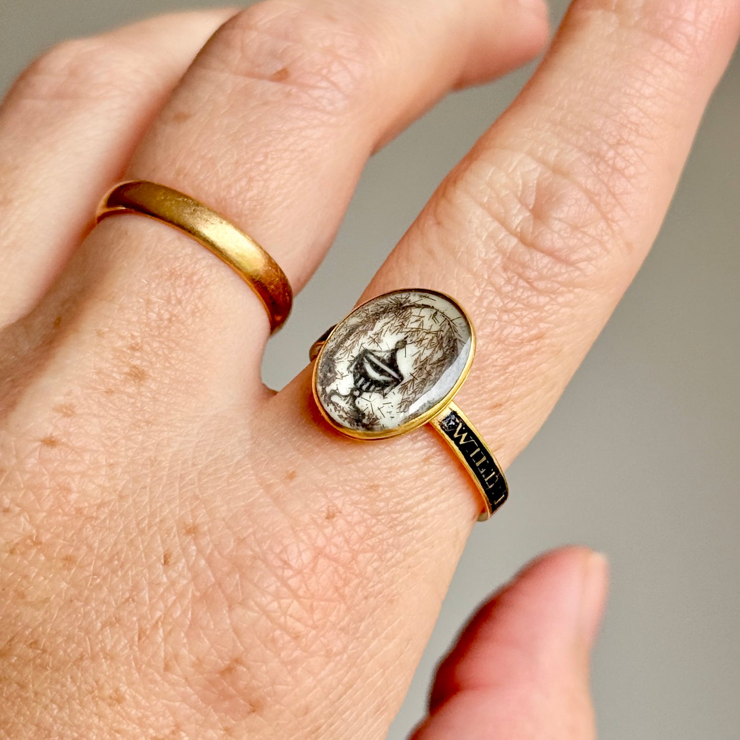 Georgian Enamel & Hair Mourning Ring in 15 Carat Gold; Circa 1781