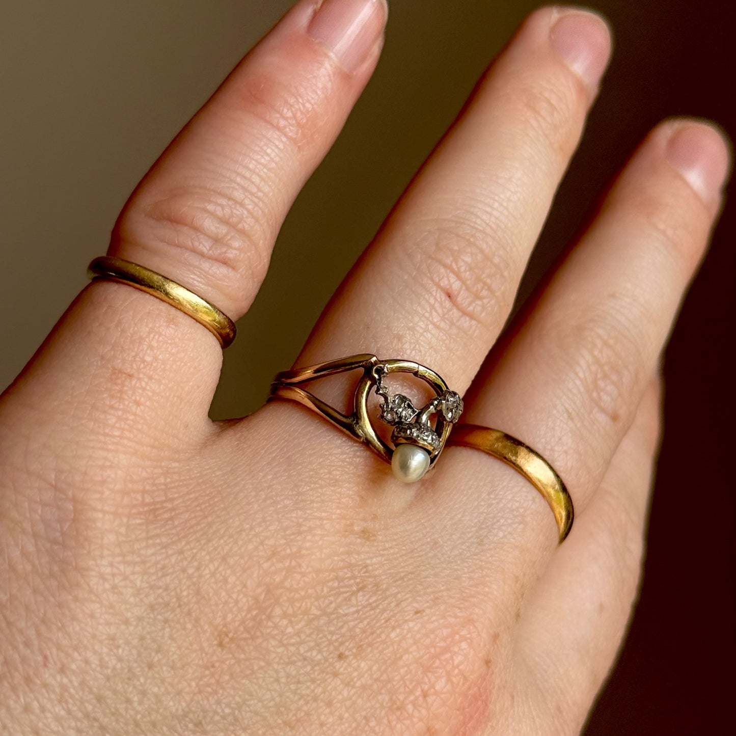 Antique Diamond & Pearl Acorn Ring in 9 Carat Gold