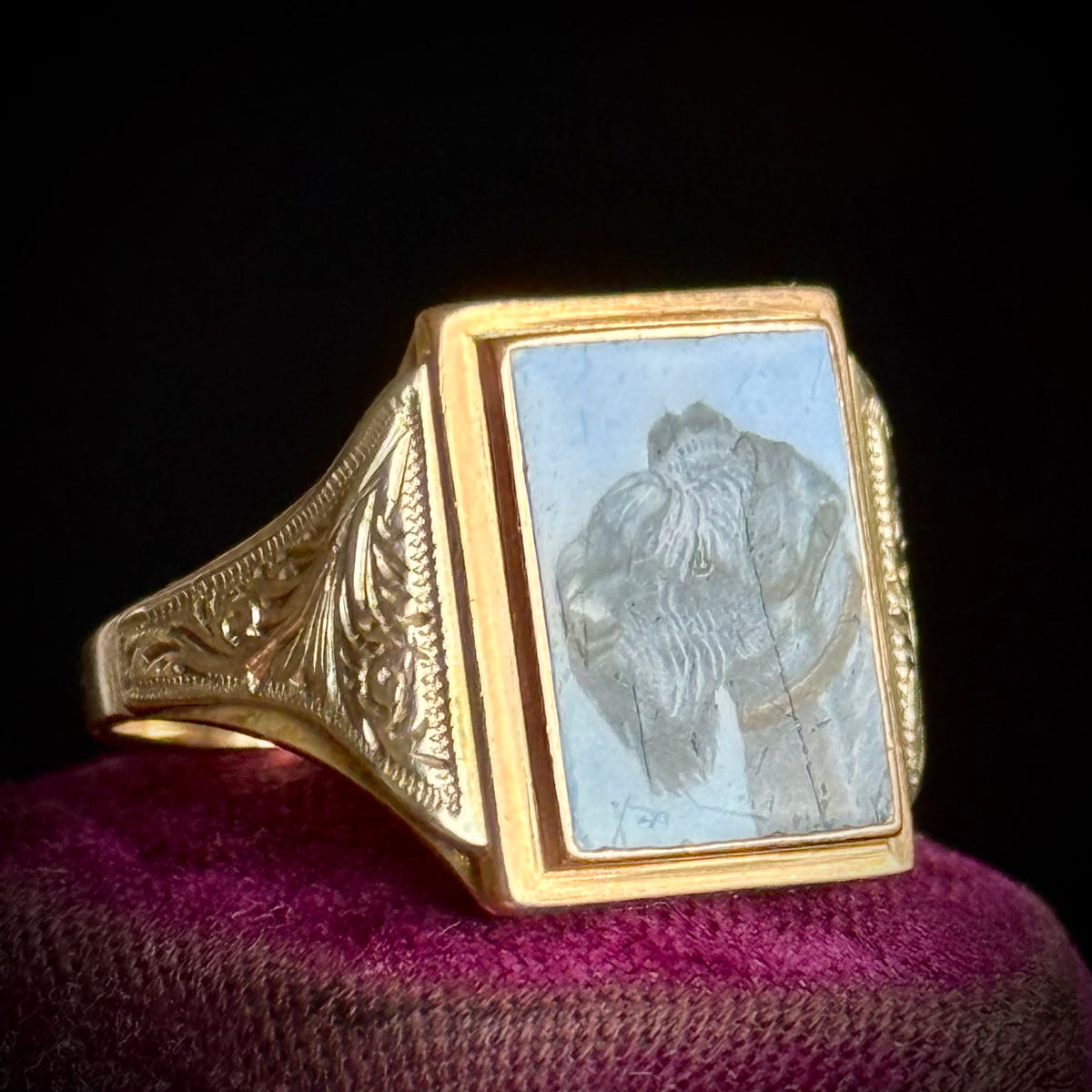Antique Enamel Dog Signet Ring in 9 Carat Gold; Circa 1925