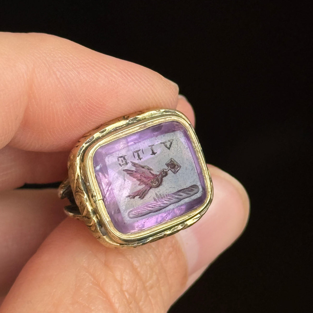 Antique 'Vite' Amethyst Intaglio Fob Pendant; Circa 1850