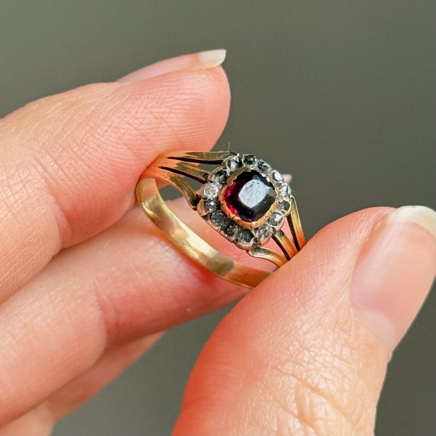 Antique Georgian Garnet & Diamond Ring in 15 Carat Gold; Circa 1830