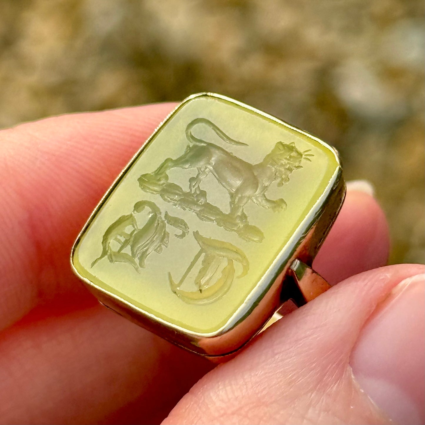 Antique Chrysoprase Intaglio Lion Ring in 9 Carat Gold; Circa 1900