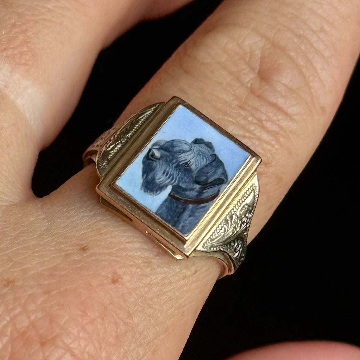 Antique Enamel Dog Signet Ring in 9 Carat Gold; Circa 1925