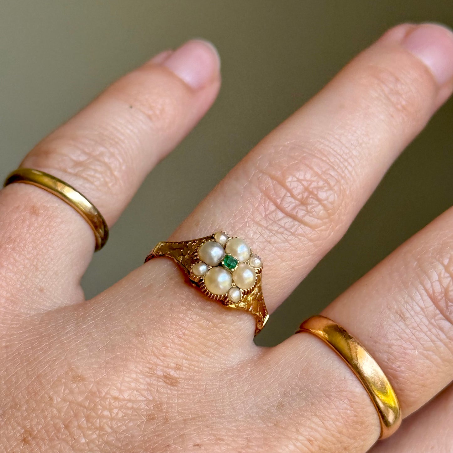 Georgian Emerald & Pearl Floral Ring in 18 Carat Gold