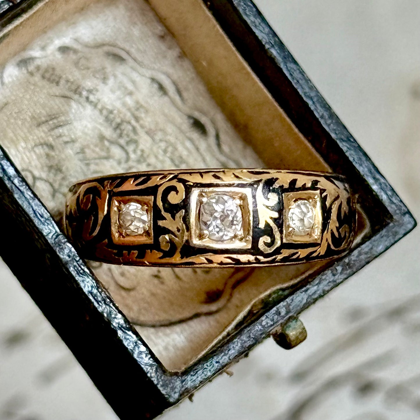 Victorian Enamel & Diamond Ring in 18 Carat Gold; Circa 1896