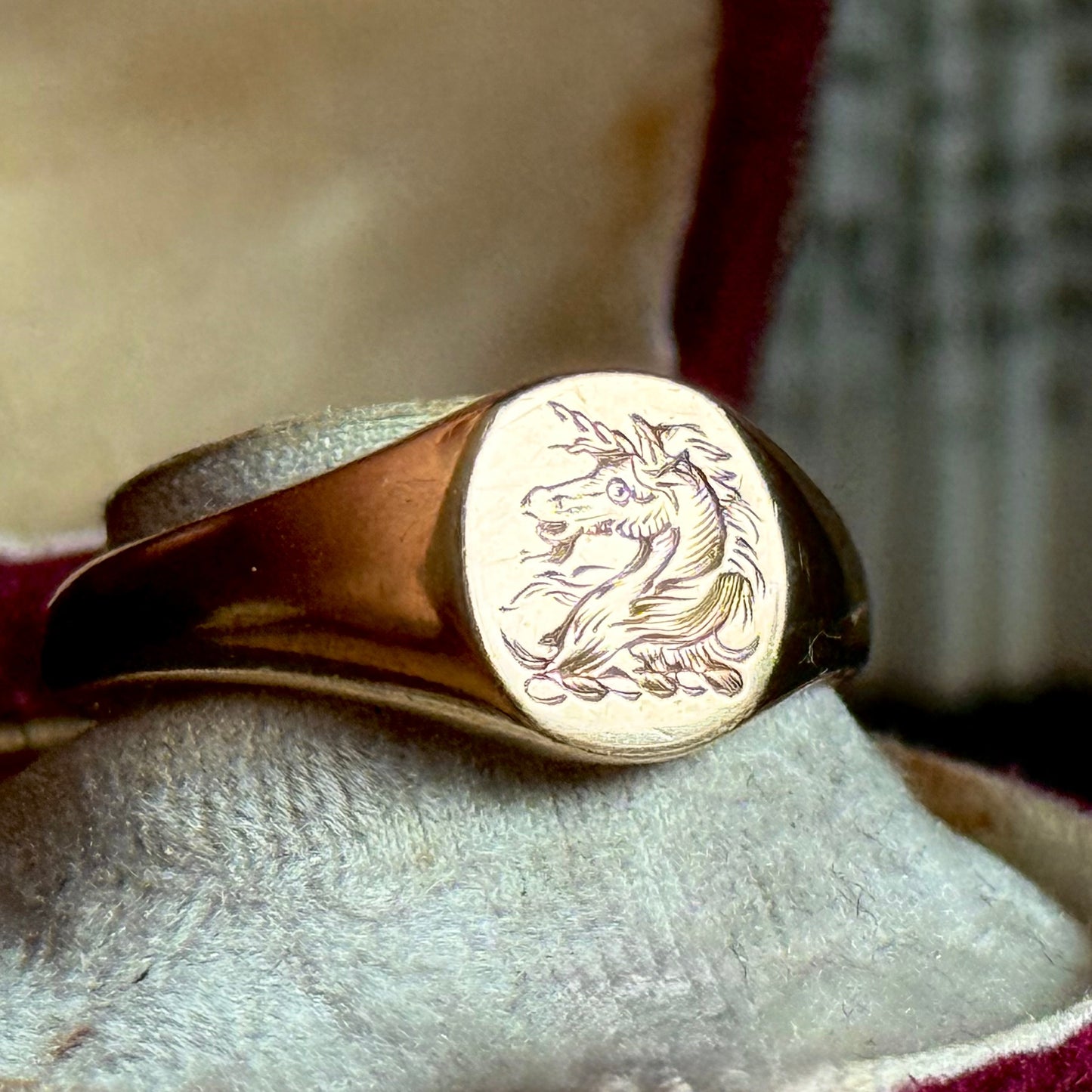 Vintage Unicorn Heraldic Signet Ring in 9 Carat Gold; Circa 1989